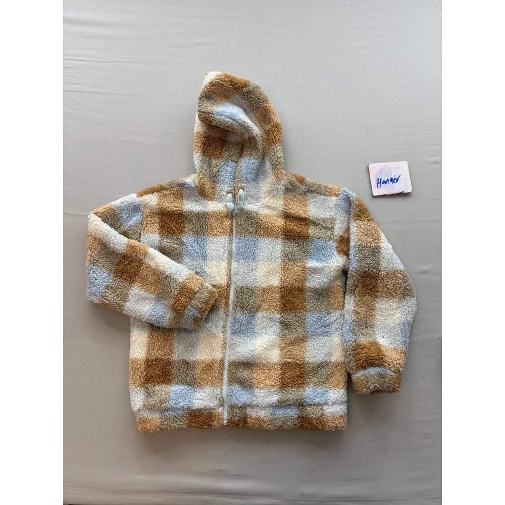 Happily Grey Kids Plaid Sherpa Fleece Full Zip Hoodie Brown Blue Large 10 12